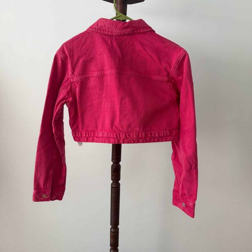 Zara Cropped Pink Denim Jacket Size M 100% Cotton Hot Pink Trucker - Picture 5 of 7